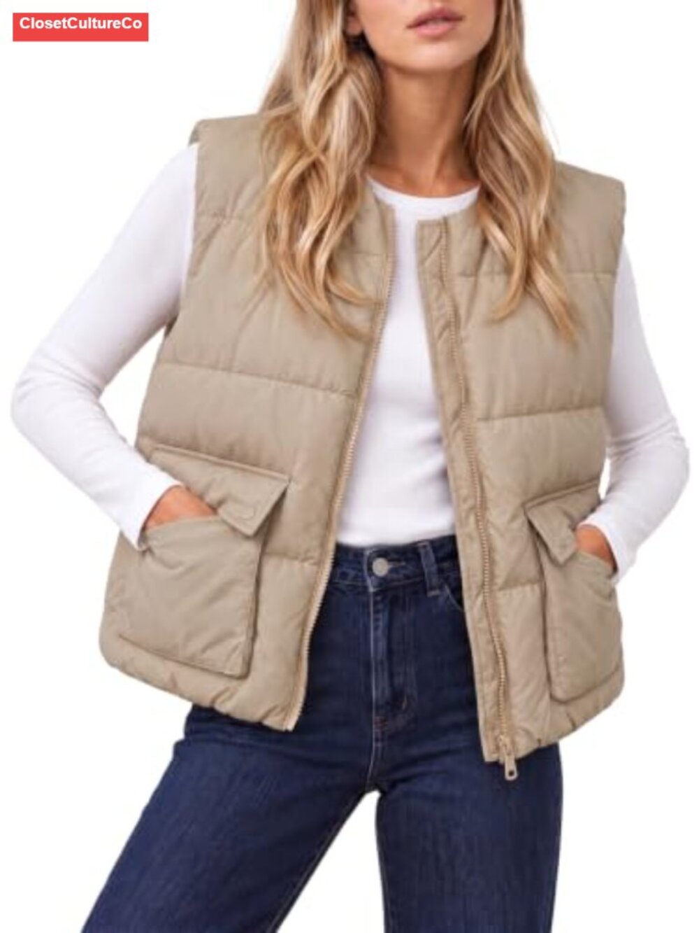 Quilted Puffer Vest Zip Up Sleeveless Outerwear with Pockets